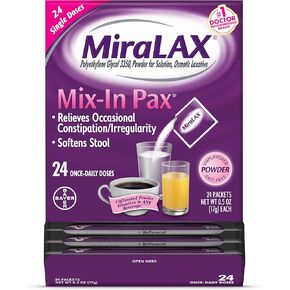 MiraLAX Gentle Constipation Relief Laxative Powder, Stool Softener with PEG 3350, No Harsh Side Effects, 1 Doctor & OBGYN Recommended, Single Dose Mix-in Pax, Travel Pack, 24 Dose