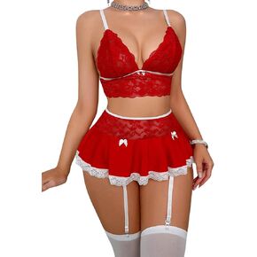RoseSeek Women's 5 Piece Lingerie Set Floral Lace Bow Garter Babydoll Lingerie Skirt Set with Stockings