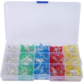 1000Pcs 3mm LED Light Emitting Diode LED Light Emitting Diode Assorted Kit Red/Yellow/Blue/Green/White Color with Storage Box