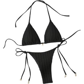 GORGLITTER Women's Sexy Lace Striped Solid Swimsuit 2 Piece Halter Triangle Top Ring Linked Bikini Set