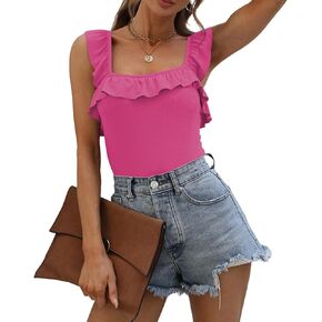 قميص بدون أكمام مضلع من Poetsky للنساء صيفي برقبة مربعة وحزام مكشكش بدون أكمام in Kuwait