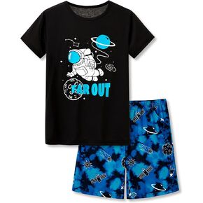 Beezizac Little Big Boys 2-Piece Cozy Pajamas Short Sleeve Cool Summer PJ Set Kid Sleepwear Size 6-18