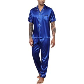 ReliWel Men's Silk Satin Pajamas Set 2 Piece Classic Button Down Sleepwear Loungewear Short Sleeve Pjs Tops with Long Pants
