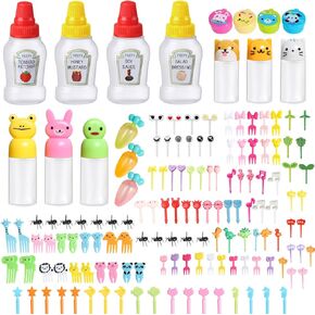143 Pcs Bento Box accessories Condiment Squeeze Bottles Kids Lunch Accessories Reusable Sauce Containers Mini Ketchup Bottle And Animal Fruit Food Toothpicks