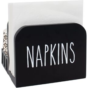 Rustic Napkin Holder Salt and Pepper Shakers Holder, Farmhouse All-in-One Solid Real Wood and Metal Napkin Caddy with Non-Slip Base for Tables, Kitchen, Black