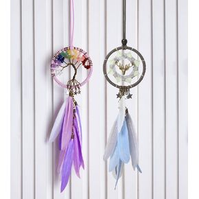 2Pcs Dream Catcher Car Rearview Mirror Pendant,Nature Feather, Deer of Peace,Tree of Life, Chakrat,Hanging Decor Handmade Accessories Gift for Husband Wife Kids Boys Girls