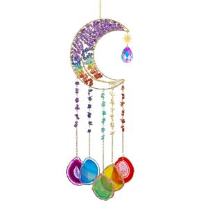 دقات الرياح من العقيق الطبيعي، زينة معلقة يدويًا من شاكرا الأحجار الكريمة حلم منشور الشمس لتزيين الحائط الداخلي والخارجي (شكل القمر) in Kuwait