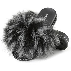 Fur Story Fur Slides Slippers Furry Fuzzy Slides Platform Sandals Open Toe Fluffy Slides Fox Fur Feather Sandals Fur Slip On Shoes for Women in Kuwait