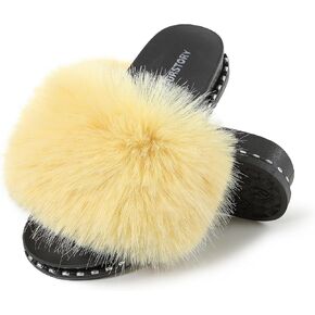 Fur Story Fur Slides Slippers Furry Fuzzy Slides Platform Sandals Open Toe Fluffy Slides Fox Fur Feather Sandals Fur Slip On Shoes for Women