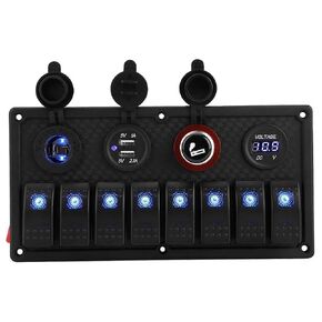 Marine Boat Rocker Switch Panel, 12V 24V Car Switches Panel with 8 Gang Dual USB Outlets, Digital Voltmeter LED Marine Switch Panel for Car Truck Rv Vehicles Yacht