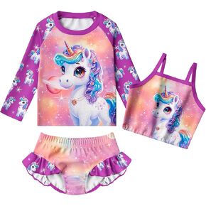 LQSZ Girls Rash Guard Sets Long Sleeves Swimsuit 3 Pieces Tankini Bathing Suit Swimwear for Girls 3-12 Years