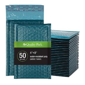 Quality Park Bubble Mailers, 4 x 8 Shipping Envelopes, Self-Seal, Small Blue Padded Envelopes, Redi-Strip Peel Off Closure, 50 Per Box (QUA85909)