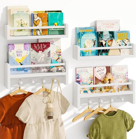 Fixwal Nursery Book Shelves, Set of 4, 16.5 Inch Floating Wall Bookshelves for Kids Room, Solid Wood Shelves with Wooden Hooks for Books, Toys and Decor Storage (White) in Saudi Arabia