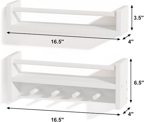 Fixwal Nursery Book Shelves, Set of 4, 16.5 Inch Floating Wall Bookshelves for Kids Room, Solid Wood Shelves with Wooden Hooks for Books, Toys and Decor Storage (White) in Saudi Arabia