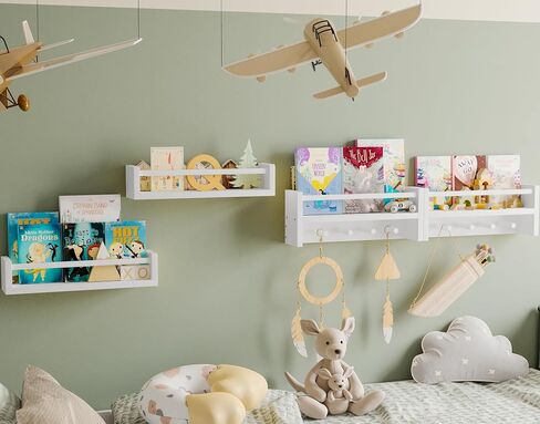 Fixwal Nursery Book Shelves, Set of 4, 16.5 Inch Floating Wall Bookshelves for Kids Room, Solid Wood Shelves with Wooden Hooks for Books, Toys and Decor Storage (White) in Saudi Arabia