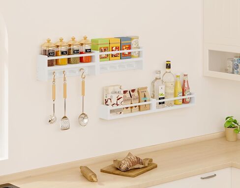 Fixwal Nursery Book Shelves, Set of 4, 16.5 Inch Floating Wall Bookshelves for Kids Room, Solid Wood Shelves with Wooden Hooks for Books, Toys and Decor Storage (White) in Saudi Arabia