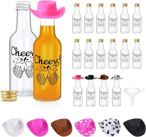 مجموعة AerWo 24 قطعة من زجاجات المشروبات الكحولية الصغيرة و24 قطعة من قبعات رعاة البقر الصغيرة، زجاجات كحول صغيرة محكمة الغلق 1.8 أونصة/50 مل، زجاجة بلاستيكية صغيرة، زجاجات نبيذ صغيرة مع قبعات وقمع ديكور رعاة البقر الغربي للحفلات in Kuwait
