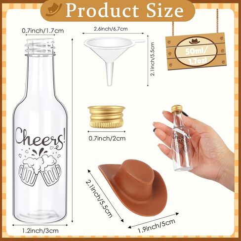 مجموعة AerWo 24 قطعة من زجاجات المشروبات الكحولية الصغيرة و24 قطعة من قبعات رعاة البقر الصغيرة، زجاجات كحول صغيرة محكمة الغلق 1.8 أونصة/50 مل، زجاجة بلاستيكية صغيرة، زجاجات نبيذ صغيرة مع قبعات وقمع ديكور رعاة البقر الغربي للحفلات in Kuwait