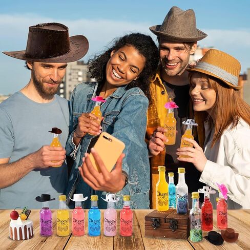 مجموعة AerWo 24 قطعة من زجاجات المشروبات الكحولية الصغيرة و24 قطعة من قبعات رعاة البقر الصغيرة، زجاجات كحول صغيرة محكمة الغلق 1.8 أونصة/50 مل، زجاجة بلاستيكية صغيرة، زجاجات نبيذ صغيرة مع قبعات وقمع ديكور رعاة البقر الغربي للحفلات in Kuwait