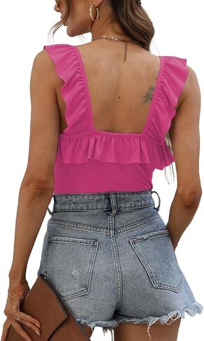 قميص بدون أكمام مضلع من Poetsky للنساء صيفي برقبة مربعة وحزام مكشكش بدون أكمام in Kuwait