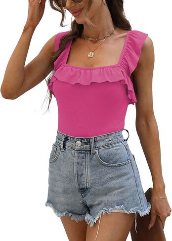 قميص بدون أكمام مضلع من Poetsky للنساء صيفي برقبة مربعة وحزام مكشكش بدون أكمام in Kuwait