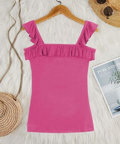 قميص بدون أكمام مضلع من Poetsky للنساء صيفي برقبة مربعة وحزام مكشكش بدون أكمام in Kuwait