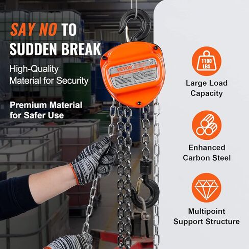 VEVOR Hand Chain Hoist 1/2 Ton 10 FT Come Along, 1100 lbs Capacity G80 Galvanized Carbon Steel with Double-Pawl Brake, Auto Chain Leading & 360° Rotation Hook, for Garage Factory Dock in Saudi Arabia