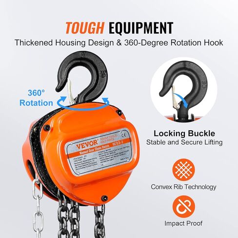 VEVOR Hand Chain Hoist 1/2 Ton 10 FT Come Along, 1100 lbs Capacity G80 Galvanized Carbon Steel with Double-Pawl Brake, Auto Chain Leading & 360° Rotation Hook, for Garage Factory Dock in Saudi Arabia