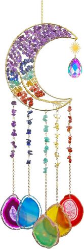 دقات الرياح من العقيق الطبيعي، زينة معلقة يدويًا من شاكرا الأحجار الكريمة حلم منشور الشمس لتزيين الحائط الداخلي والخارجي (شكل القمر) in Kuwait