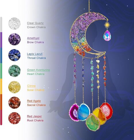 دقات الرياح من العقيق الطبيعي، زينة معلقة يدويًا من شاكرا الأحجار الكريمة حلم منشور الشمس لتزيين الحائط الداخلي والخارجي (شكل القمر) in Kuwait