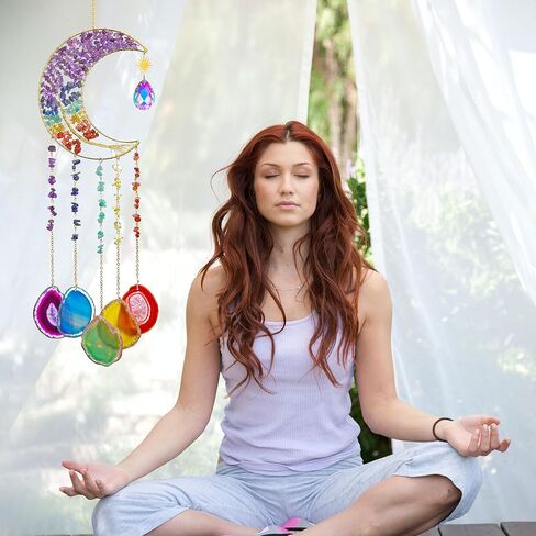 دقات الرياح من العقيق الطبيعي، زينة معلقة يدويًا من شاكرا الأحجار الكريمة حلم منشور الشمس لتزيين الحائط الداخلي والخارجي (شكل القمر) in Kuwait