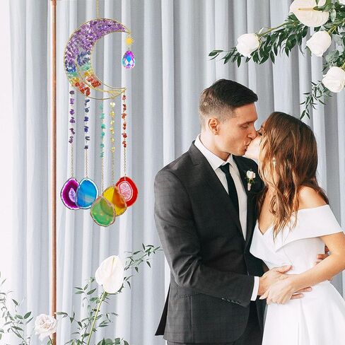 دقات الرياح من العقيق الطبيعي، زينة معلقة يدويًا من شاكرا الأحجار الكريمة حلم منشور الشمس لتزيين الحائط الداخلي والخارجي (شكل القمر) in Kuwait