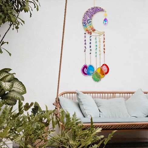 دقات الرياح من العقيق الطبيعي، زينة معلقة يدويًا من شاكرا الأحجار الكريمة حلم منشور الشمس لتزيين الحائط الداخلي والخارجي (شكل القمر) in Kuwait