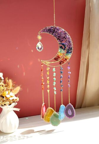 دقات الرياح من العقيق الطبيعي، زينة معلقة يدويًا من شاكرا الأحجار الكريمة حلم منشور الشمس لتزيين الحائط الداخلي والخارجي (شكل القمر) in Kuwait