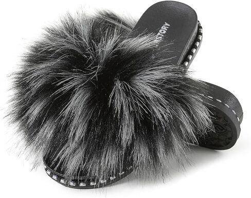 Fur Story Fur Slides Slippers Furry Fuzzy Slides Platform Sandals Open Toe Fluffy Slides Fox Fur Feather Sandals Fur Slip On Shoes for Women in Kuwait