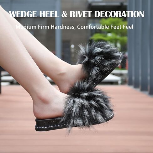 Fur Story Fur Slides Slippers Furry Fuzzy Slides Platform Sandals Open Toe Fluffy Slides Fox Fur Feather Sandals Fur Slip On Shoes for Women in Kuwait