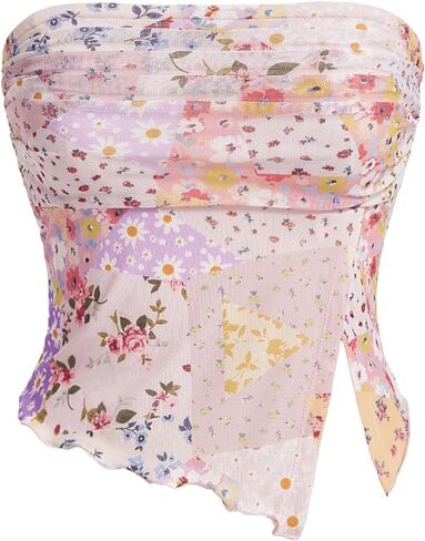 Milumia Women Floral Mesh Strapless Ruched Tube Top Split Hem Sleeveless Bandeau Crop Tops in Saudi Arabia