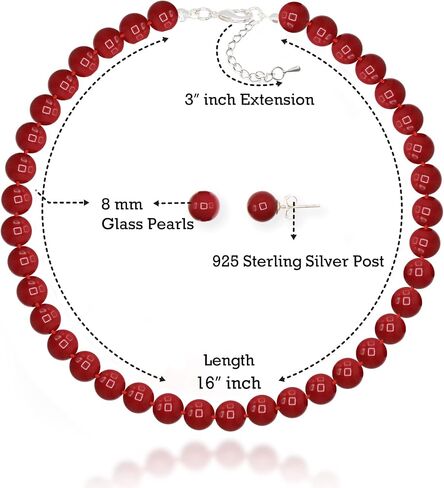 JIBSA 8mm Round Simulated Shell Pearl Necklace Sterling Silver Stud Earring Set - Wedding Bridal Tea Party Jewelry for Women Girls in Kuwait