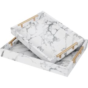 Set of 2 White Fake Marble Serving Tray with Gold Polished Metal Handles White Decorative Wood Tray PU Leather with Brushed Gold for Coffee Table Ottoman Console Table Decor