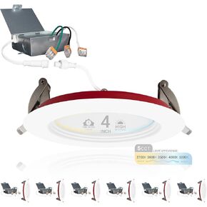 NUWATT 4 Inch 2 HOUR FIRE RATED Baffle LED Recessed Lighting, 27K/30K/35K/40K/50K 5CT Selectable, Dimmable, 900LM, IC Rated, 4in Anti-Glare Wafer Lights, Wet Rated Downlight, No Tenmat Needed. 6 Pack
