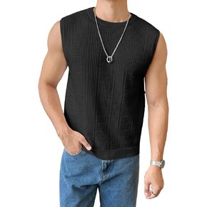WDIRARA Men's Solid Ribbed Knit Tank Top Sleeveless Round Neck Casual Cami Shirt