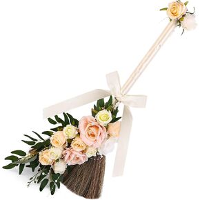 Wedding Broom DIY Jump Broom for Wedding Jumping 28 inch Tall Whisk Broom with Artificial Roses/Green Leaves/Ribbons/Pearl