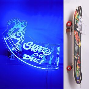 Light Up Skateboard Wall Mount, Acrylic Skateboard Rack with Skateboarding Pattern Blue LED Lights for Trick(Street or Vert) Board Longboard Penny board Storage and Display, Skater Gifts