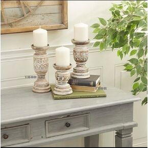 Wood Handmade Candle Holder with Carved Designs, Set of 3 6", 8", 10" H, Candle Holders for Pillar Candles