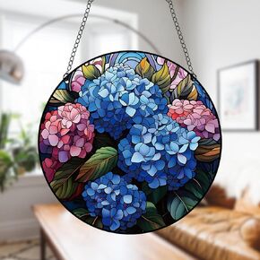11.8 Inches Blue Hydrangea Acrylic Window Hanging Decor Stained Glass Panels Pink Flowers Green Leaves Wall Art Mural Suncatcher for Bedroom Garden Wall Decoration Gift for Mom Grandma Teacher