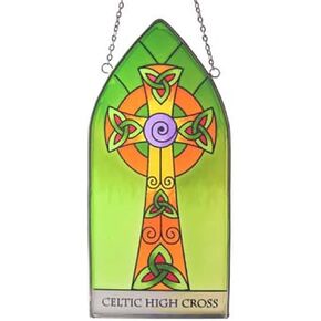 Royal Tara Stained Glass Window Hang Irish Suncatcher with High Cross and Celtic Knots Design