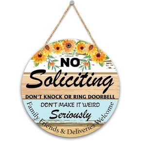 No Soliciting Sign for House Front Door Round Wood Home Decor Hanging Sign, Door Wall Shelf Decor Hanging Plaque, Farmhouse Hanging Ornaments, Don't Knock or Ring Doorbell Sign -21