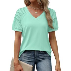 Saloogoe Women's Tops Summer Trendy Pleated Short Sleeve Shirts V Neck T Shirts Fashion 2024 in Kuwait