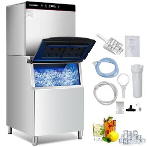 Commercial Ice Maker Machine, 550lbs/24H Ice Production, Business Water-Cooled Ice Machine, 400lbs Storage, Stainless Steel Ice Maker for Bar/restaurants/coffee shop