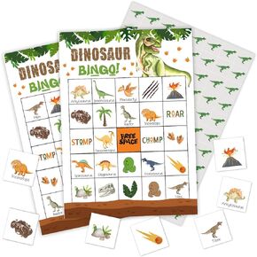 Dinosaur Bingo - Birthday Bingo Games, Greenery Dinosaur Party Bingo, 24 Players Bingo Games for Jungle Dinosaur Theme Birthday Party Family Party Outdoor Trip School Classroom Activity -07